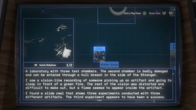 In-game plate for Slide reel: Damaged Laboratory — experiment reel (all three experiments)